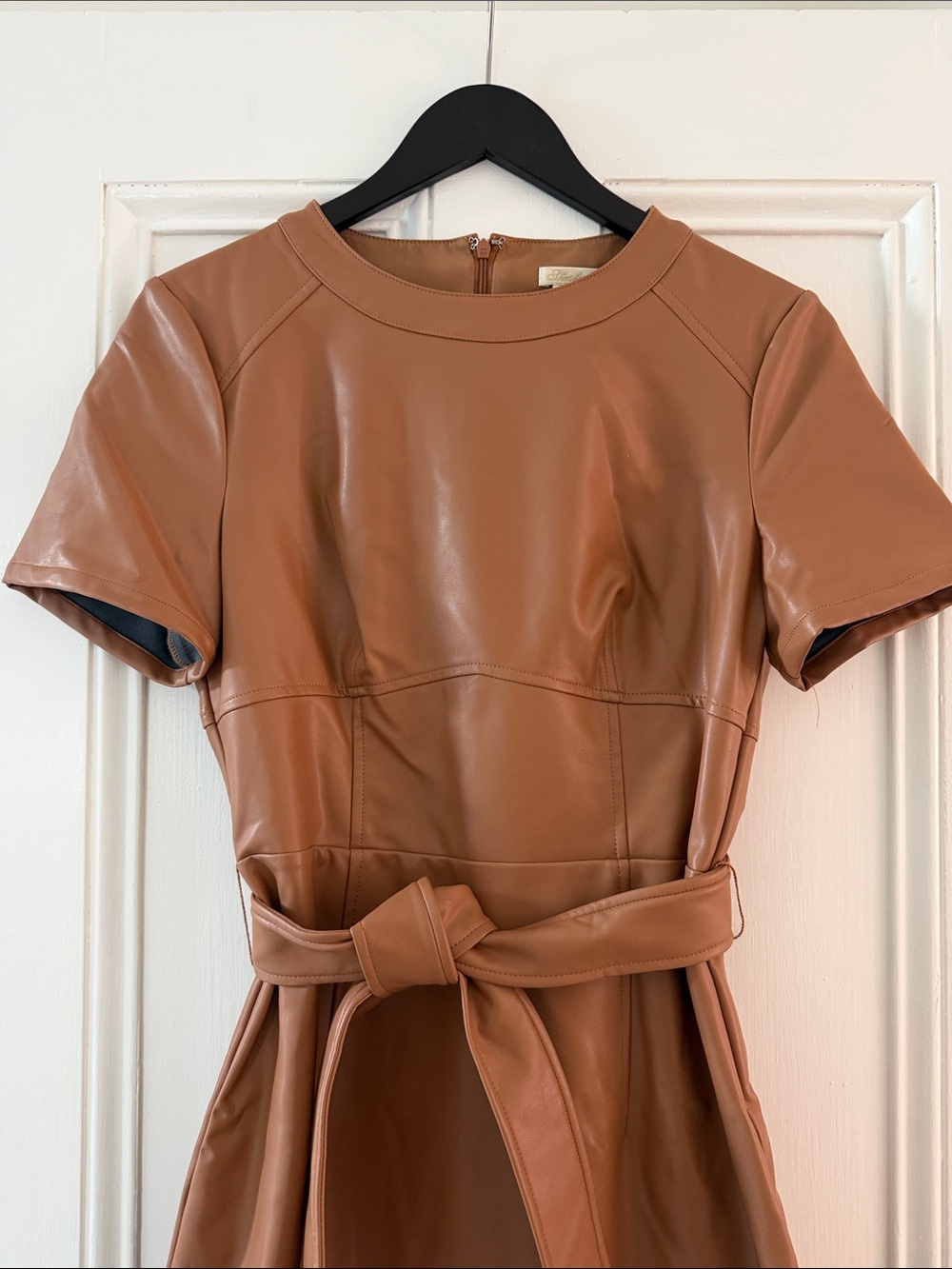 Shoshanna Cognac Faux Leather Midi Dress with Tie Waist